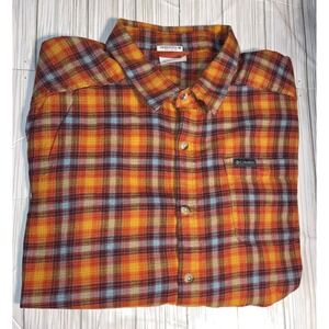 Columbia Mens XL Button Down Flannel Shirt‎ Plaid Orange Blue Long Sleeve